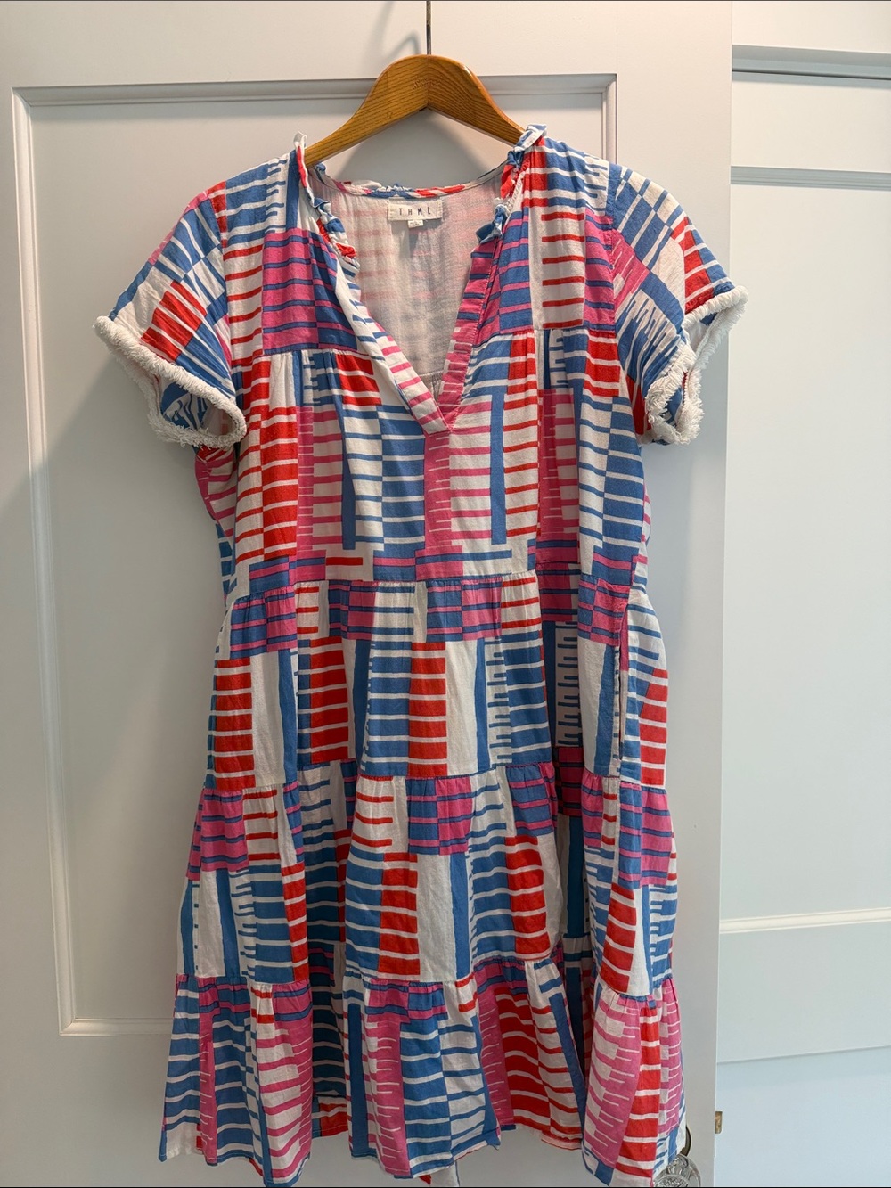 THML Red Pink Blue Striped Tiered Cotton Dress for Girls